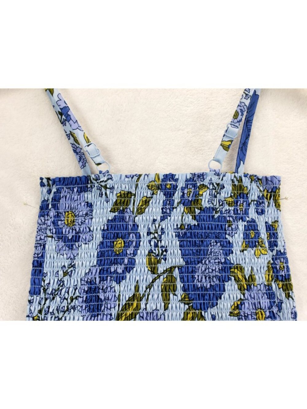 Blue Floral Sun Dress Mid-Thigh Mini XS Steve Madden Adjustable Straps Smocked - Picture 7 of 13